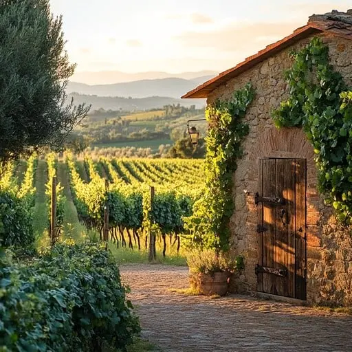 Europeisk vingård med stenbyggnad